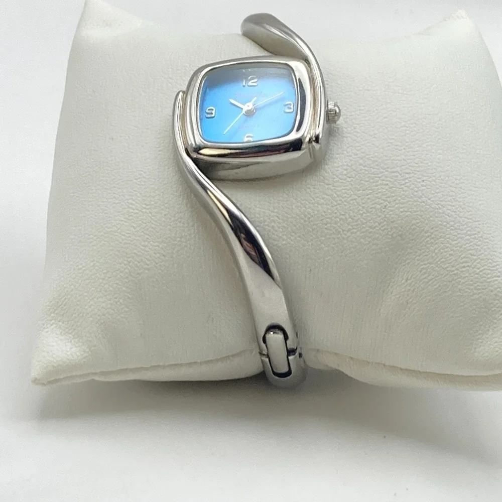 Panache Women's Watch Silver Tone Cuff Asymmetrical Blue New Battery SMALL 6
